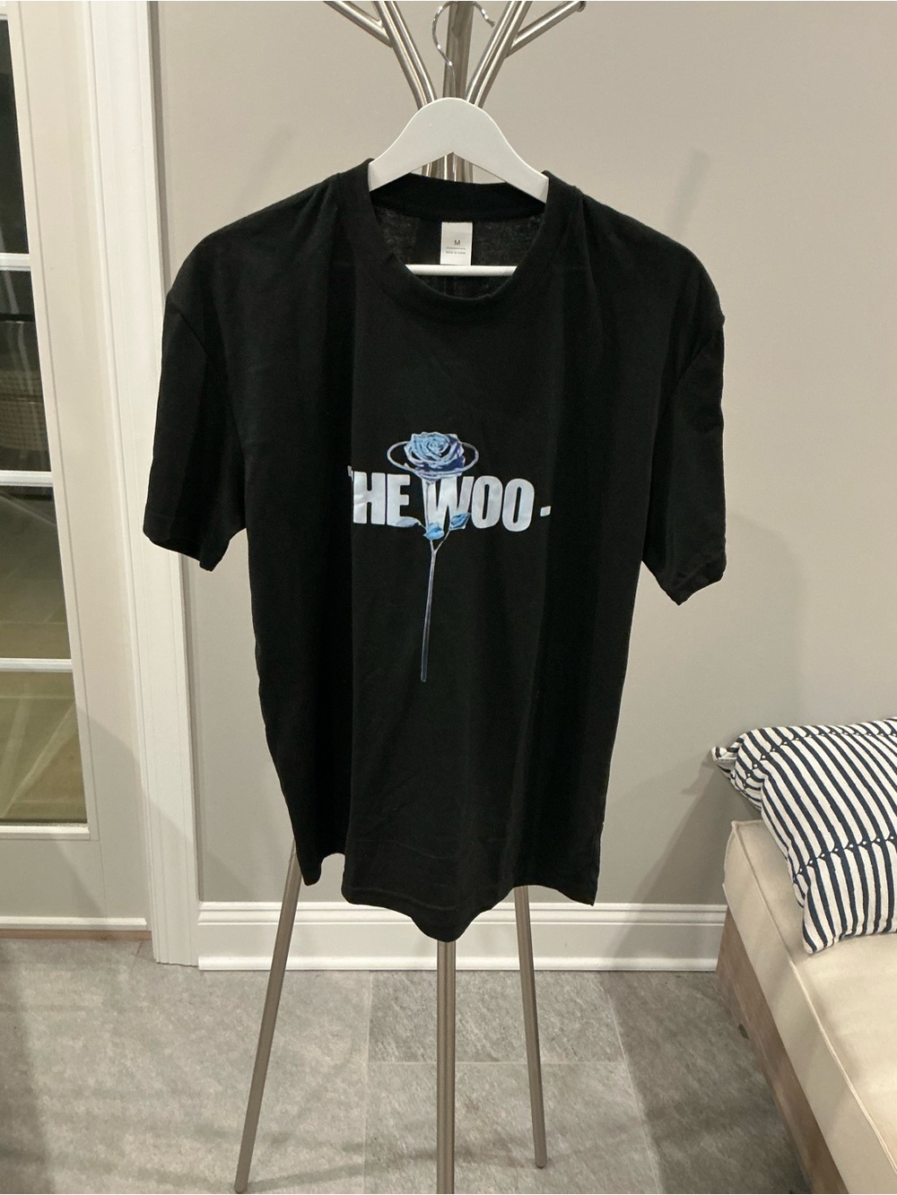 The Woo Black T-Shirt with Blue Rose Graphic